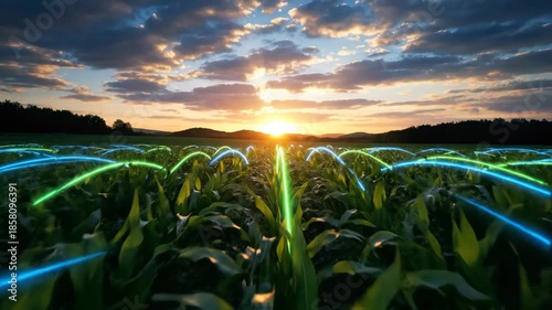 Field of vibrant green crops illuminated by glowing blue and green data connection arcs at golden hour sunset, concept for smart agriculture, digital farming analysis and modern crop monitoring