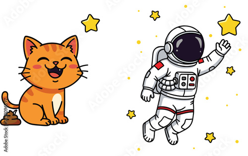 Cute cartoon cat and floating astronaut icons playful kawaii animal and space illustration set