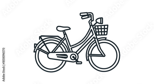 Line art illustration of a vintage bicycle with a front basket and headlight.