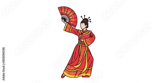 Traditional Chinese Dancer in Red Robes Holding an Elaborate Fan.