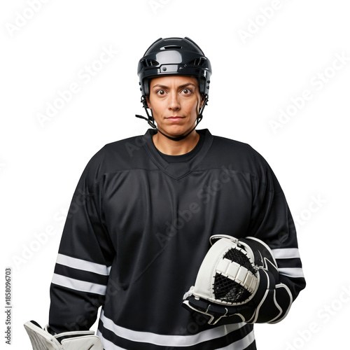 Female Hockey Goalie in Black Jersey Ready for Game with Equipment
