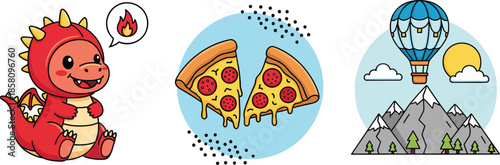 Cute cartoon dinosaur pizza slices and hot air balloon icons playful fun illustration set isolated