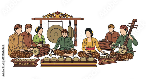 Traditional Indonesian Gamelan Orchestra Musicians Performing Together.