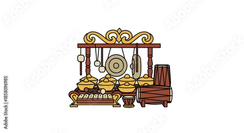 Gamelan Musical Instrument: Traditional Indonesian Ensemble with Gongs and Metallophones.