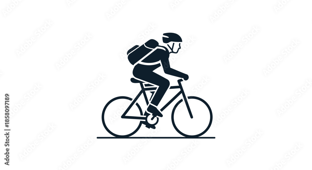 Fototapeta premium Silhouette of a person riding a bicycle with a backpack.