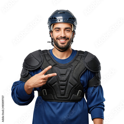 Cheerful Male Hockey Player in Protective Gear Showing Peace Sign