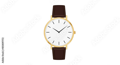 Elegant Gold Watch with White Face and Brown Leather Strap.
