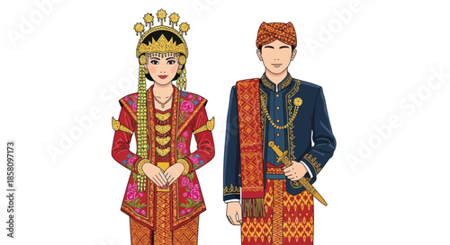 Traditional Indonesian Wedding Attire for a Couple in Vibrant Colors.