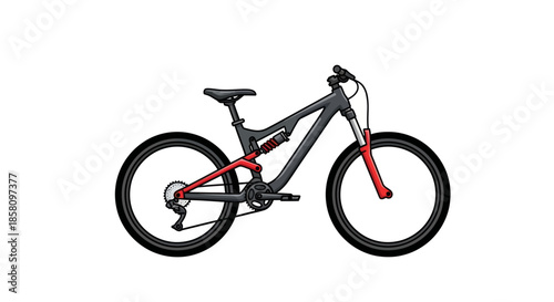 Modern full-suspension mountain bike with a black frame and red fork accents.