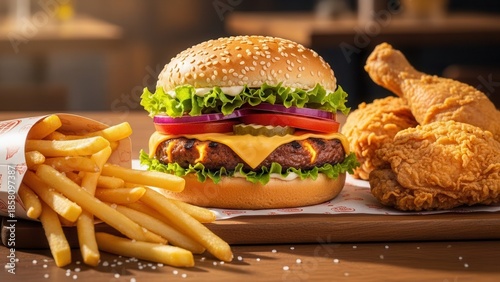 Product focused perspective fast food advertising image highlighting burger fried chicken and fries