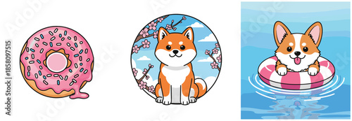 Cute cartoon donut shiba inu dog portraits and swimming puppy playful colorful illustration set