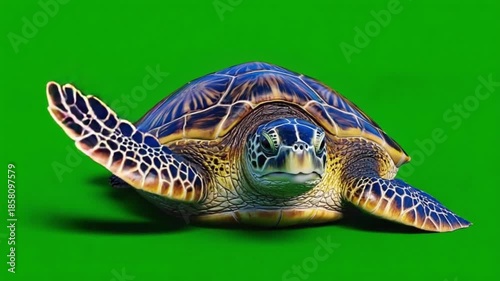 Vibrant sea turtle on green screen, colorful marine life