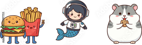 Cute cartoon fast food mermaid astronaut and hamster characters playful kawaii illustration set for kids