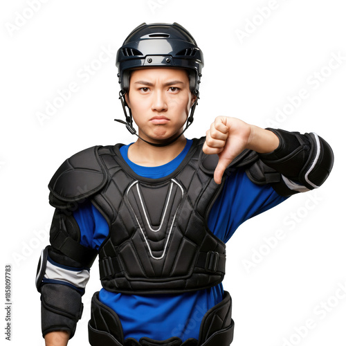 Dissatisfied Female Hockey Player in Protective Gear with Thumbs Down Gesture
