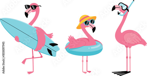 Cute cartoon flamingo summer characters surfing swimming and snorkeling playful tropical illustration set