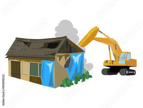 ショベルカーで解体される廃屋のイラスト / Illustration of an Abandoned House Being Demolished by an Excavator