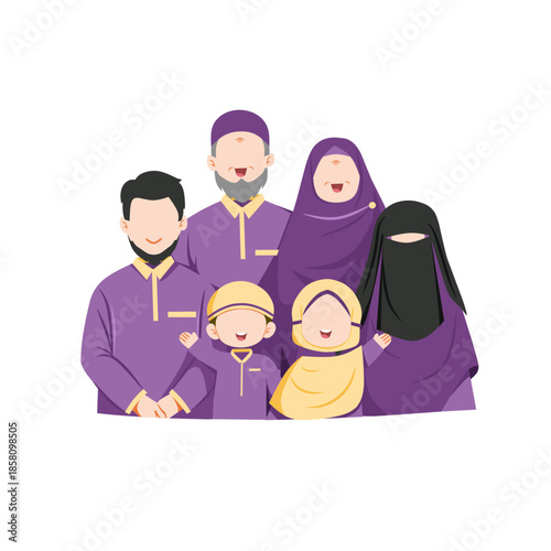Muslim Family Wearing Purple and Yellow Clothes Flat Illustration