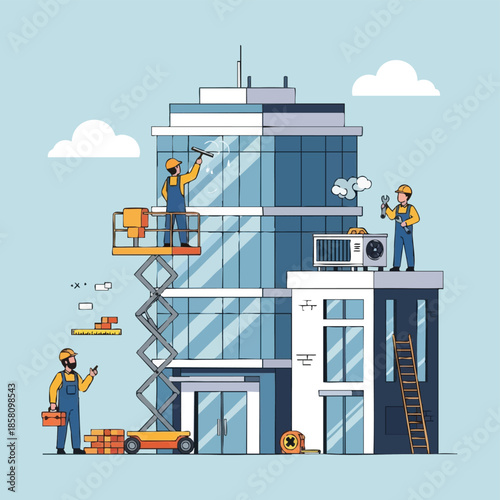 HVAC technicians servicing air conditioning units on office building.