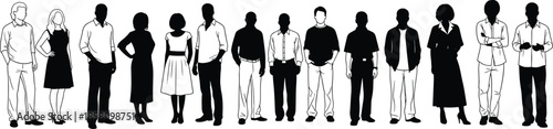 Large group of diverse people silhouettes standing in a row including men and women in casual and business attire for community concepts