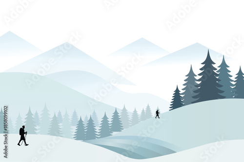 Minimalist Winter Mountain Landscape with Trekkers. mountain and pine trees, Ideal for travel, blogging, website design.