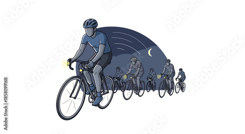 Dynamic illustration of a cyclist leading a group under a starry night sky arc.