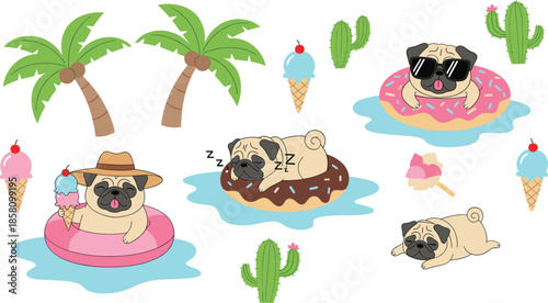 Cute cartoon pug dogs enjoying summer vacation pool floats ice cream and tropical elements illustration set