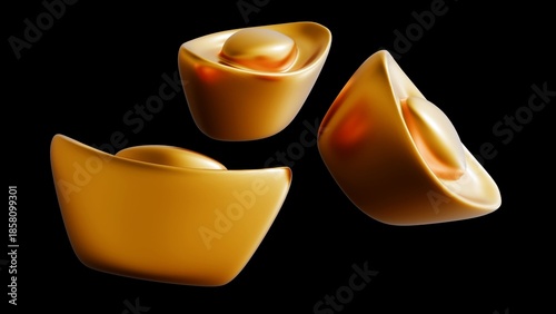 A 3d rendering of close-up, high-angle view of Chinese gold sycees also known as yuanbao. These traditional boat-shaped ingots are symbols of prosperity, wealth, and luck in East Asian culture.