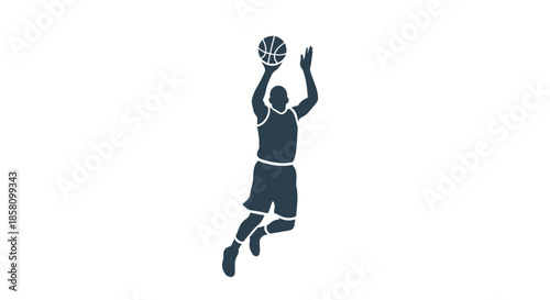 Silhouette of a basketball player in mid-air shooting a ball.