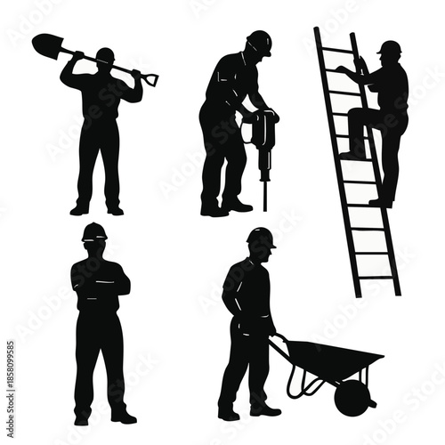 Construction Worker Silhouettes Shoveling Jackhammer Ladder Wheelbarrow.