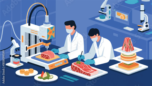 Illustration Of Food Printing Technology, Innovation In Laboratory-Produced Meat Printing Vector Design Template