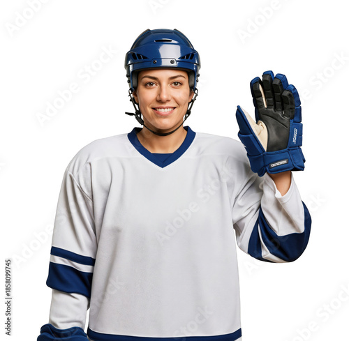 Female Ice Hockey Player in Helmet and Gloves Waving - Perfect for Sports Promotions and Female Athletes