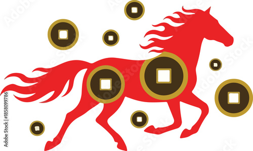 Red Horse with Chinese Coins - A Symbol of Prosperity and Good Fortune