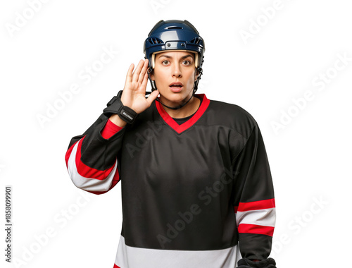 Female Hockey Player in Black Uniform Reacting with Surprise in Studio Atmosphere
