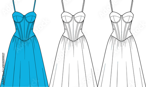 Fashion technical flat sketch of a women corset midi dress with spaghetti straps and pleated skirt for apparel design and manufacturing