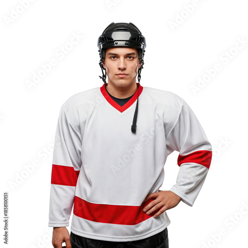 Young Male Ice Hockey Player in White Jersey with Red Stripes and Protective Gear