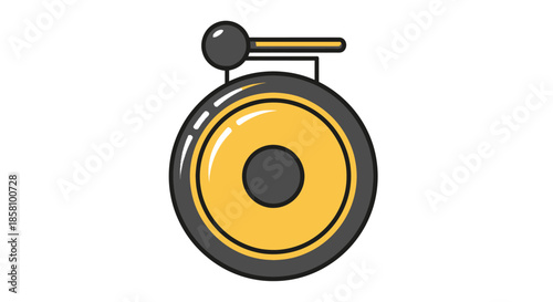 A stylized illustration of a traditional gong with a mallet.