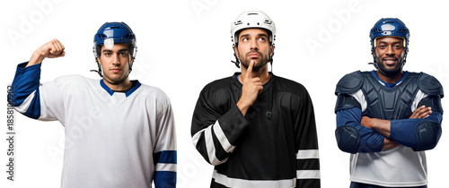 Group of Male Ice Hockey Players in Uniforms with Different Poses and Expressions