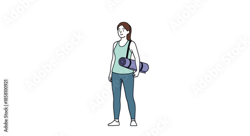 Woman with Yoga Mat: A fit woman in athletic wear carries a rolled yoga mat over her shoulder.