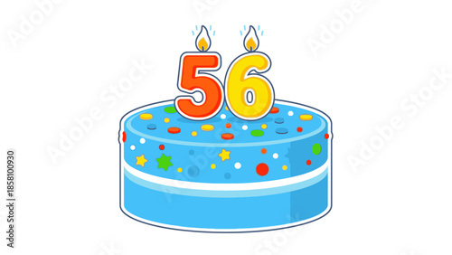 A blue cartoon birthday cake with colorful sprinkles and the number 56 on top with flames in a flat design on a white background.