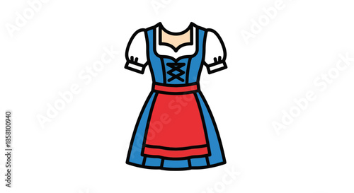 Traditional Bavarian Dirndl Dress Illustration with Blue Bodice and Red Apron.
