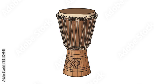 Detailed Illustration of a Traditional Wooden Djembe Drum.