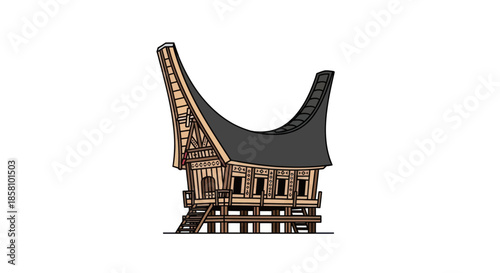 Traditional Indonesian Tongkonan house illustration with distinctive boat-shaped roof.