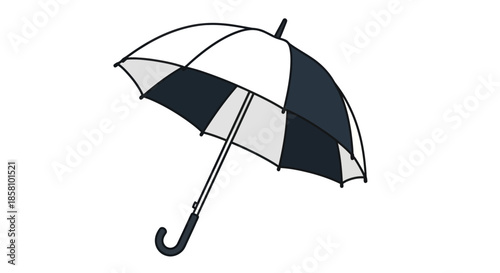 Open black and white patterned umbrella with curved handle.