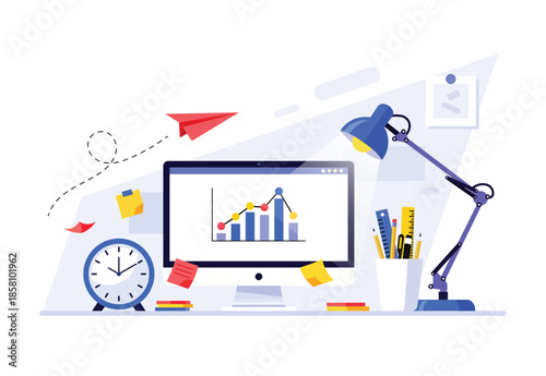 Desktop setup with computer displaying a growth chart and office supplies Vector
