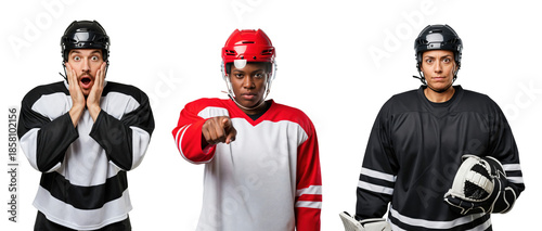 Three Male Ice Hockey Players in Different Jerseys Showcasing Emotions and Poses