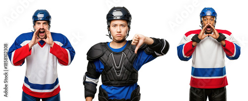 Ice Hockey Players Showing Emotions: Excitement, Disappointment, and Communication Gestures