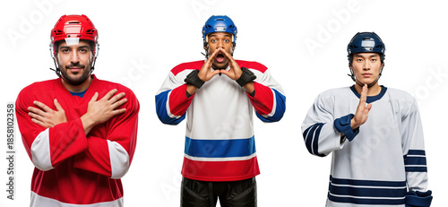 Diverse Group of Male Ice Hockey Players in Action Poses Wearing Uniforms on transparent background