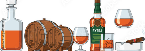 Whiskey and alcohol drink illustration set with bottle barrel glass cigar and decanter isolated on white background