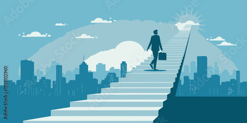 Motivational business success illustration with abstract steps and stairs leading upward representing a journey of career growth.