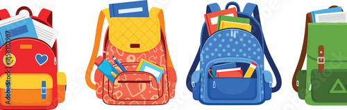 A Variety of Vibrant School Backpacks and Rucksacks Filled with Educational Books Stationery and Supplies for Students Returning to Academic Learning